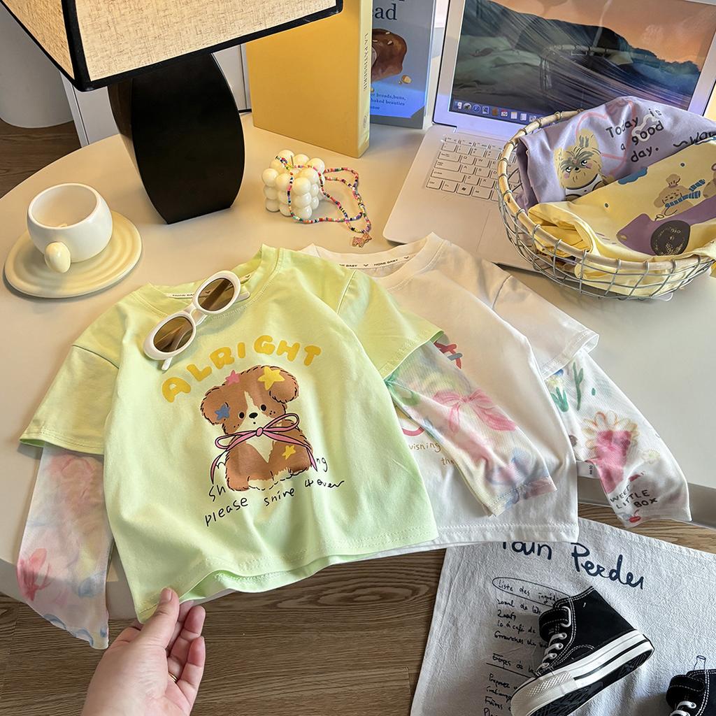 Girls Summer Cotton Cartoon T Shirt Fake Two Piece Sun Protection Sleeves Casual Cute Top Kids Clothing