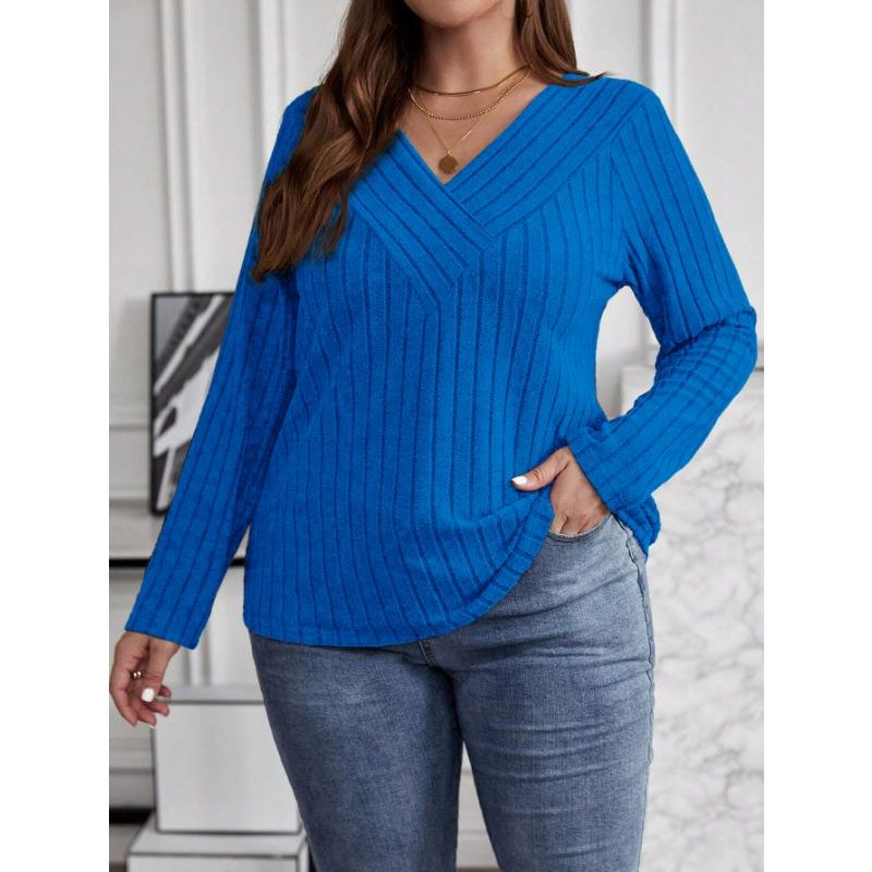 Autumn Winter Solid Color Plus Size Top Cross V-neck Long Sleeved Groove Brushed Pullover T-shirt