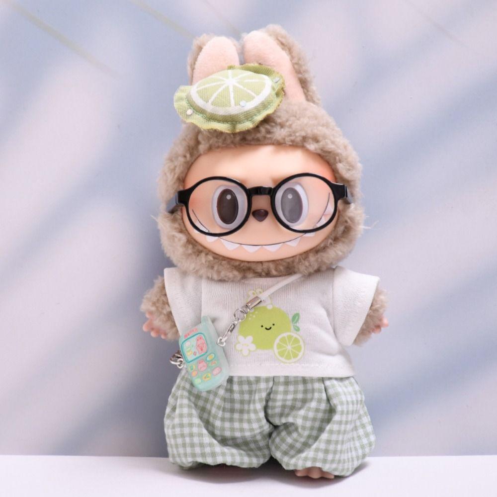 Orange Sitting Labubu Time Cloth Plaid Pants 17cm Plush Dolls Clothes  Kids Girls Toys