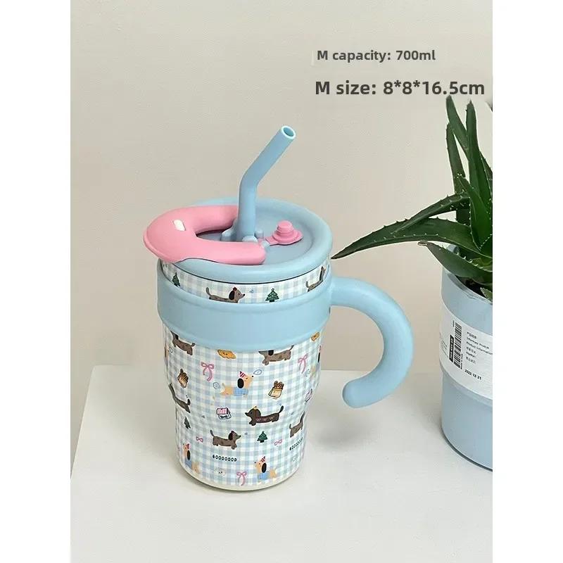 

1200ml Cute Water Bottles Large Capacity Thermos Bottle with Straw 700ml Coffee Cup Birthday Gift Travel Mugs with Handle 701-1200ml