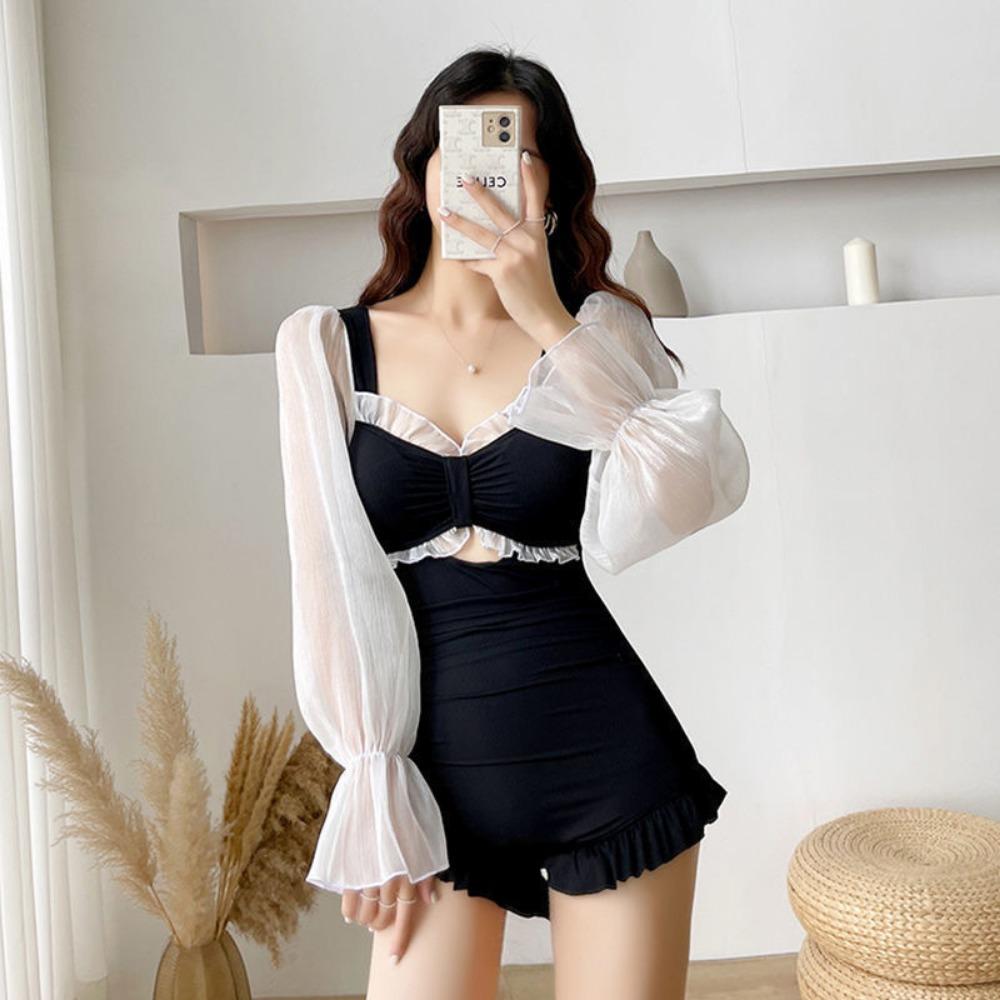 Swimwear One-piece Sexy Long-sleeved Conservative Belly-covering and Thin-breasted Swimsuit