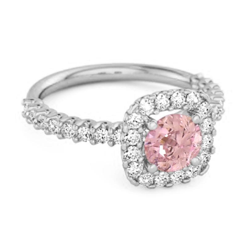 Pink CZ Round Cushion Halo Women Wedding Ring  –  925 Sterling Silver