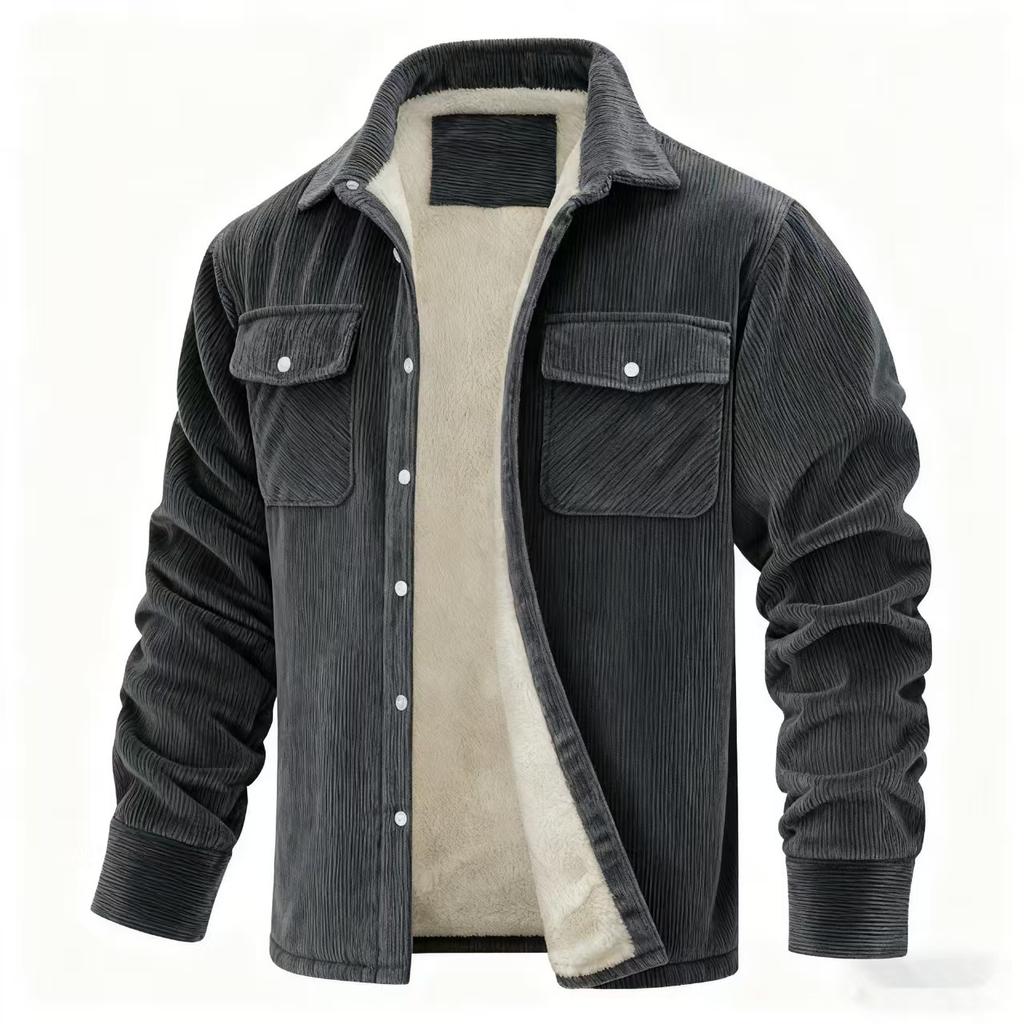 Men's Fleece Solid Corduroy Jacket Casual Loose Thicken Lining Flannel Warm Outwear Autumn Winter Work Coat Men Outerwear