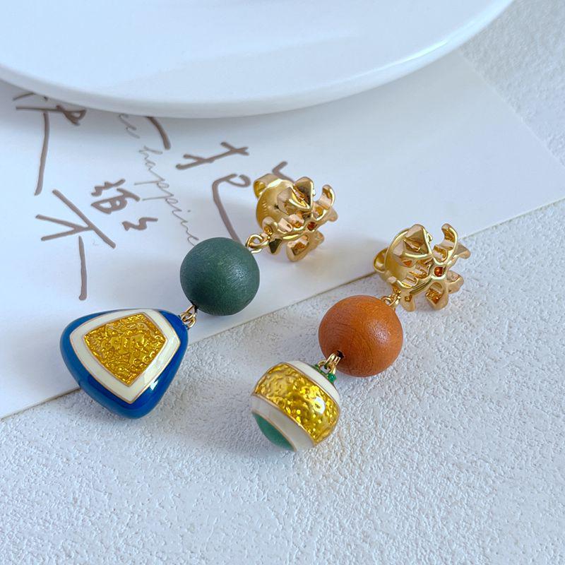 Geometric Asymmetrical Enamel Glaze Wood Pillar Earrings