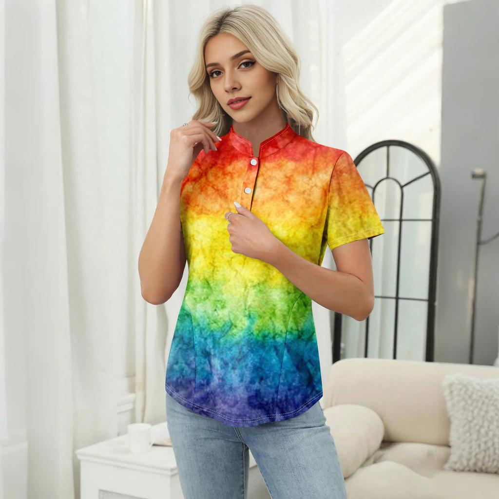 Women's Casual Floral Print V-Neck Short Sleeve Decorative Button T-Shirt Top