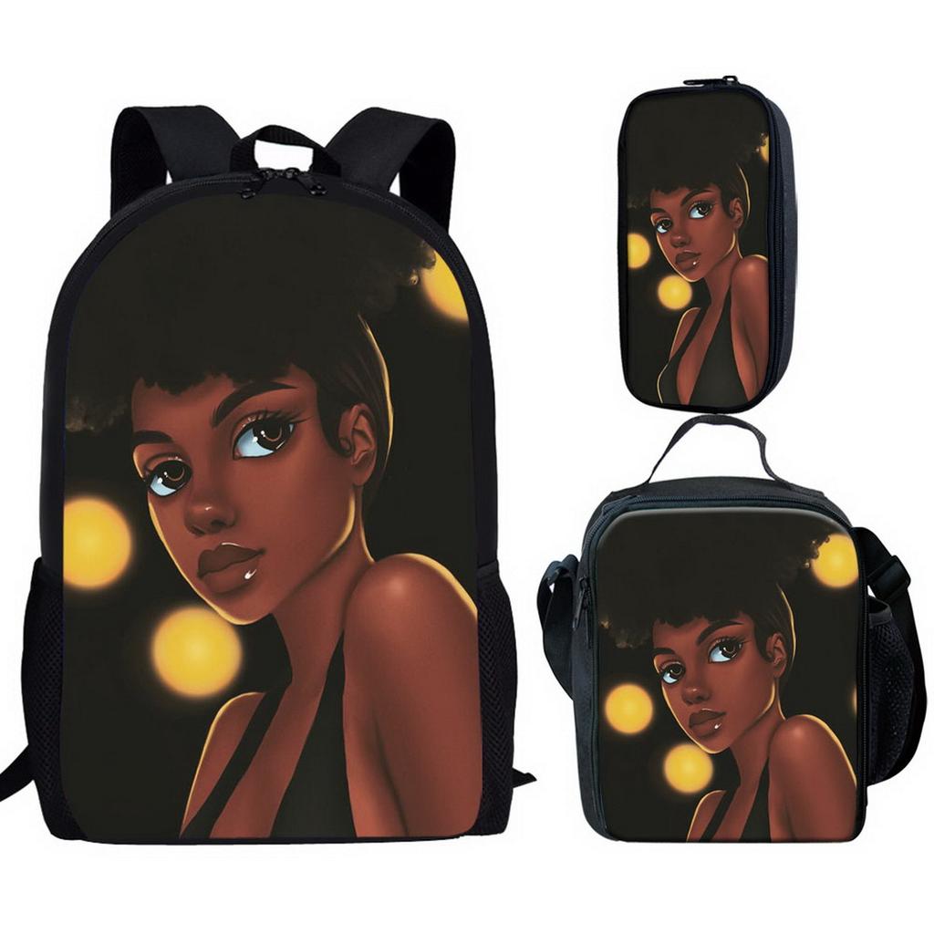 Classic Popular Novelty African Girl 3D Printed 3pcs/Set Pupil School Bags Laptop Daypack Backpack Lunch Bag Pencil Case