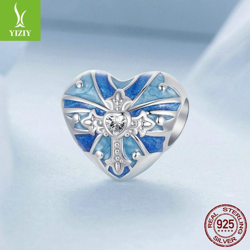 Blue Love Cross Diy Bracelet Beaded, Retro Style S925 Silver Beads Loose Beads