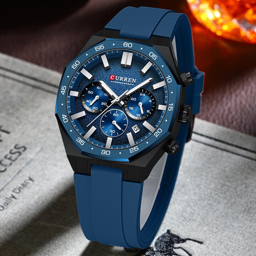 CURREN Men's Sports Chronograph Wristwatch with Black Silicone Band Auto Date Luminous Hands Quartz Watch for Men