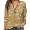 Damen-Shirt mit Rundhalsausschnitt, Reißverschluss, halbe Knopfleiste, Langarm-Pullover, glitzernde Pailletten, reguläre Passform