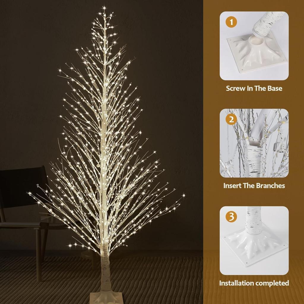 7FT Lighted Birch Tree LED Warm White Twinkle or Steady Lights for Indoor/Outdoor Christmas Decoration
