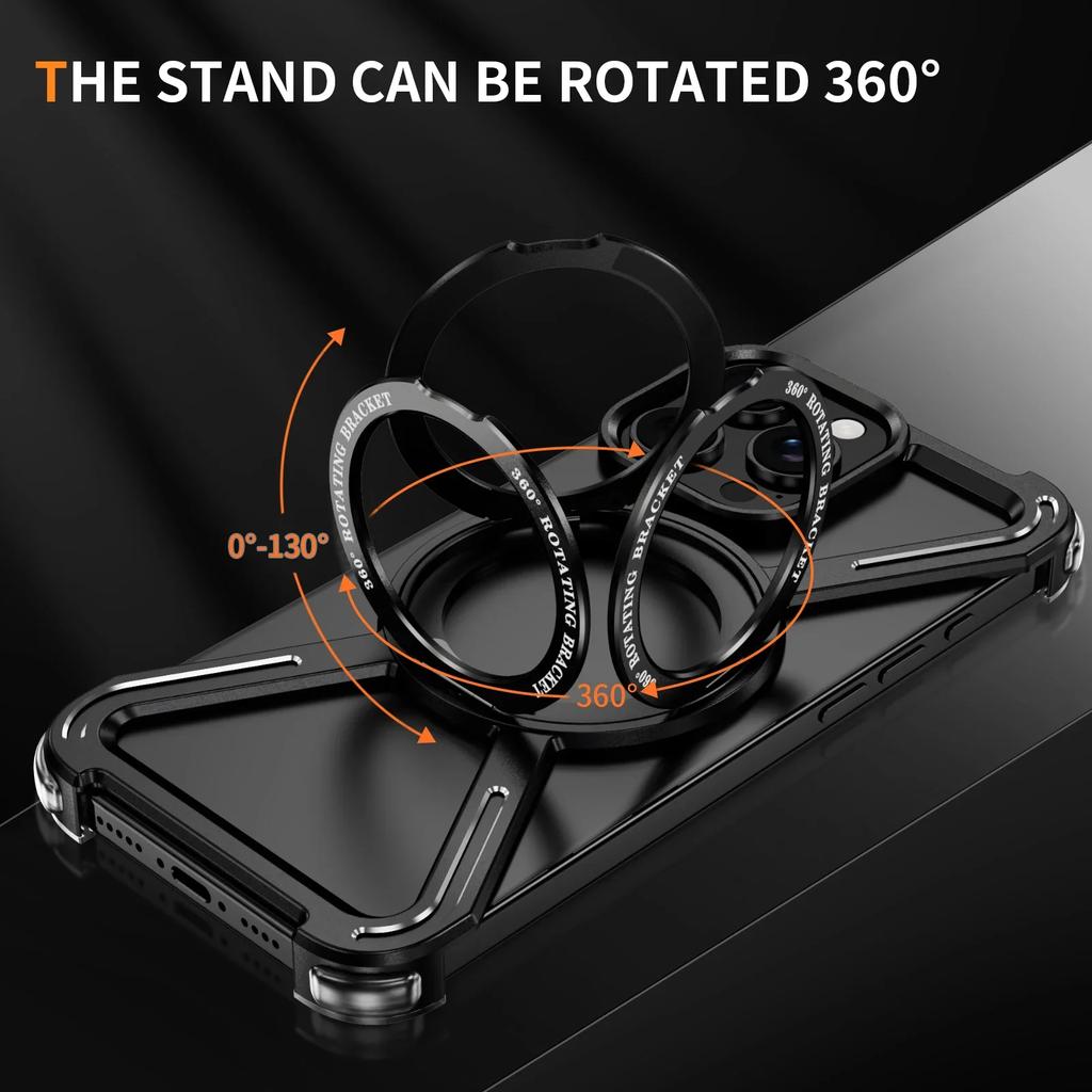 Titanium Metal Alloy Magnetic Phone Case For iPhone 13 14 15 Plus 16 Pro Max 360° Rotation Holder Frameless Protective Cover