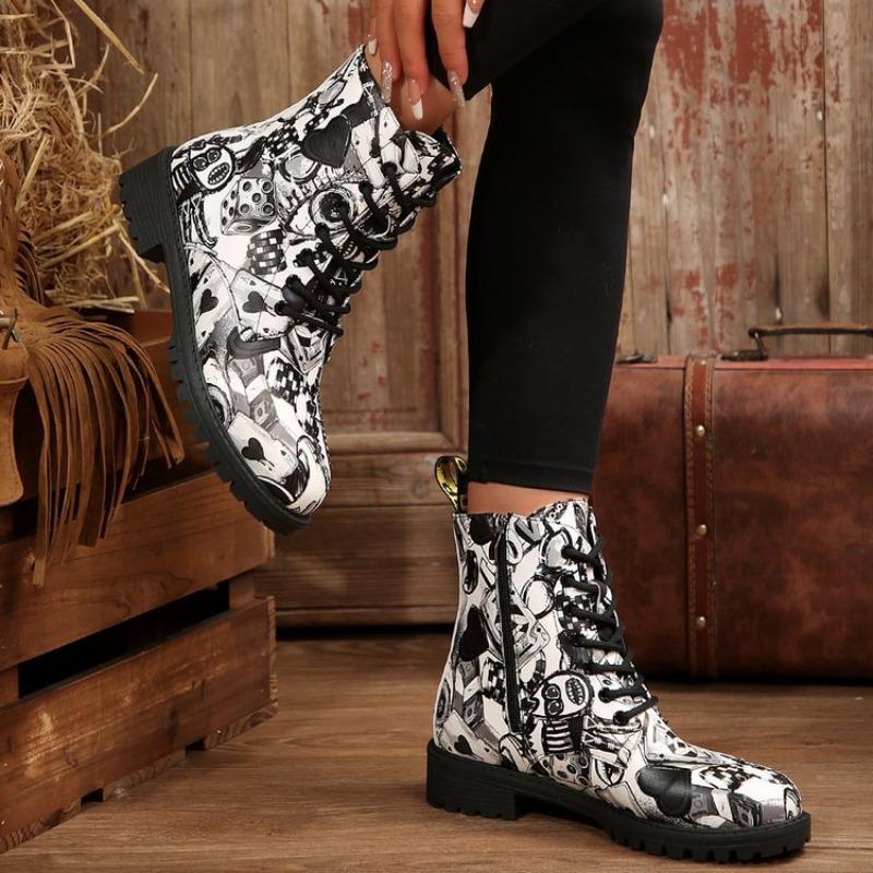 Large size graffiti square heel side zipper Martin boots autumn and winter new round head lace-up women's boots