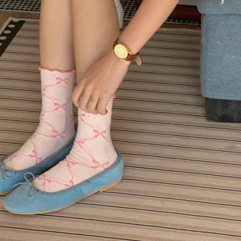 5Pairs Breathable Mid Tube Socks Thin Cotton Sweet Socks Women Fashion Ruffle Bow Socks  Streetwear