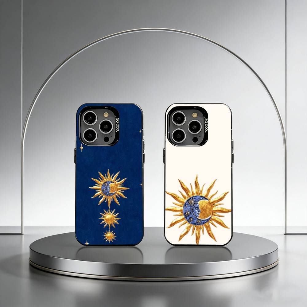 Sun Moon Phone Case For iPhone 17,16,15,14,13,12,11 Plus,Pro Max,XS,Colored Silver Plated Inside Cover