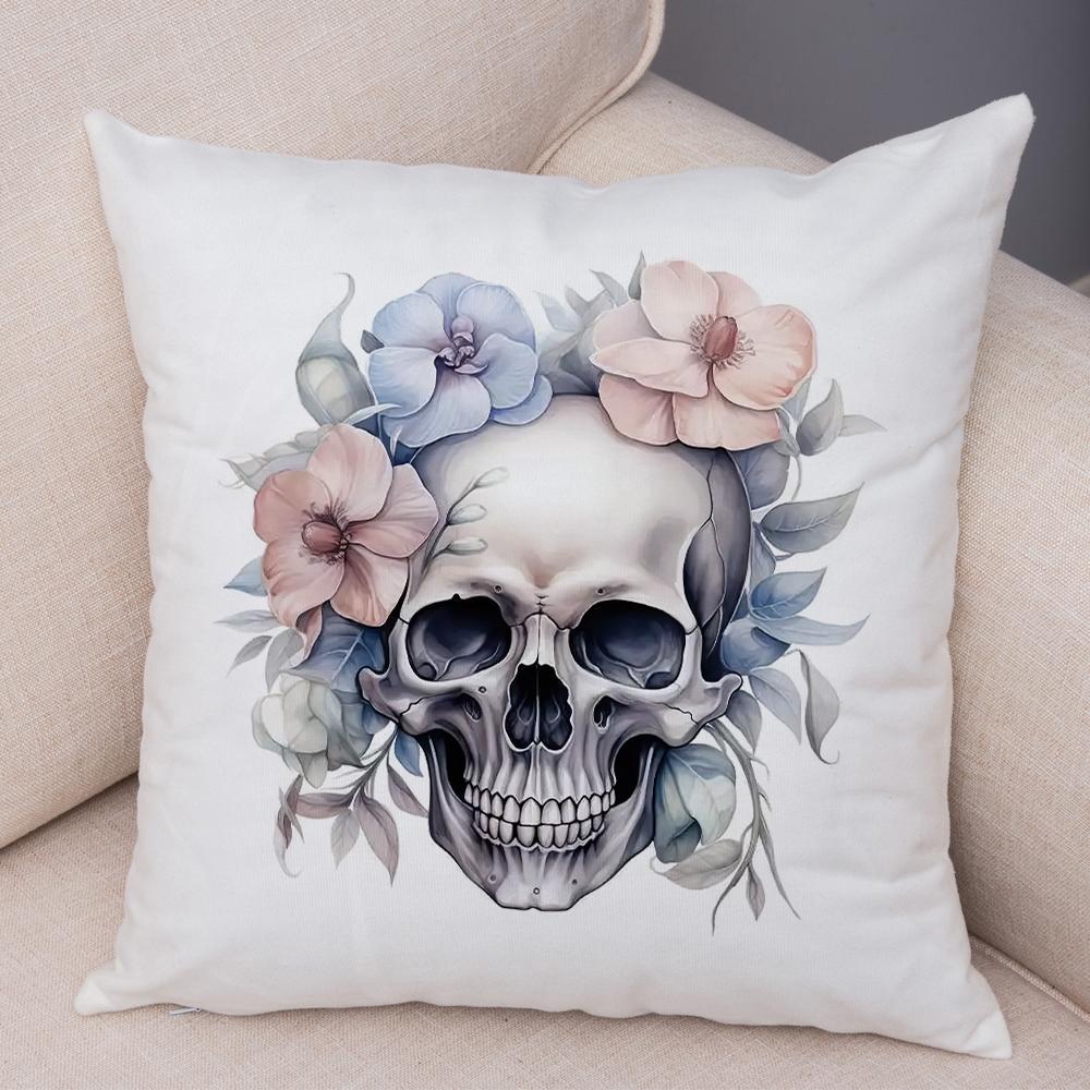 Coral Petal Skull Cushion Cover Double Print Orchid Watercolor Pillowcase Soft Plush Lavender Floral Skull Cushion Cover