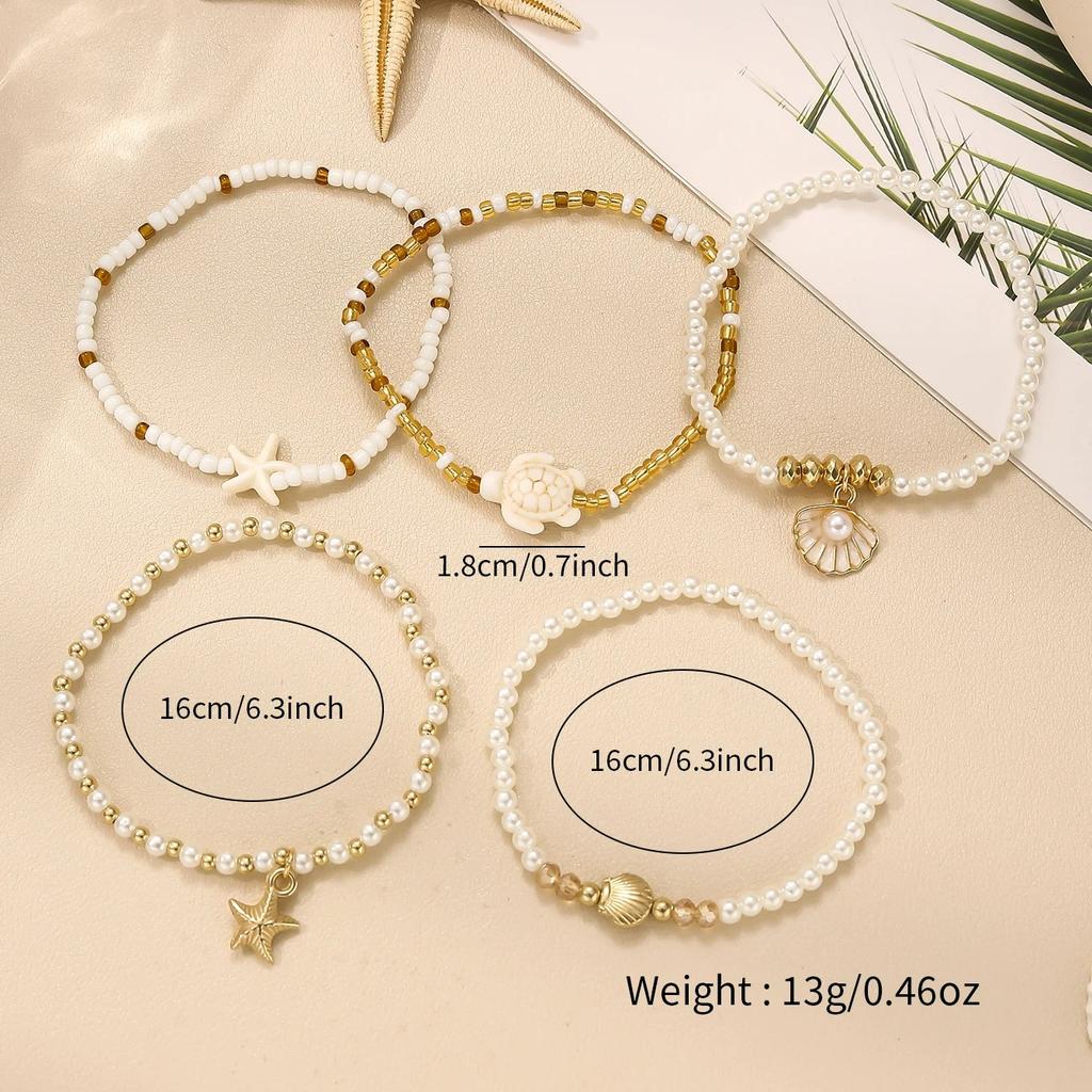 5pcs/set Elegant Multi-layer Imitation Pearl Bracelet Starfish Shell Turtle Pendant Bracelet Women's Summer Party Dating Jewelry