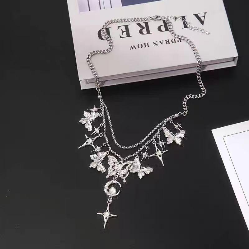 Layered Cross Pendant Necklace Alloy Chain Women Men Y2K Punk Chic Minimalist Silver Layered Necklace 687