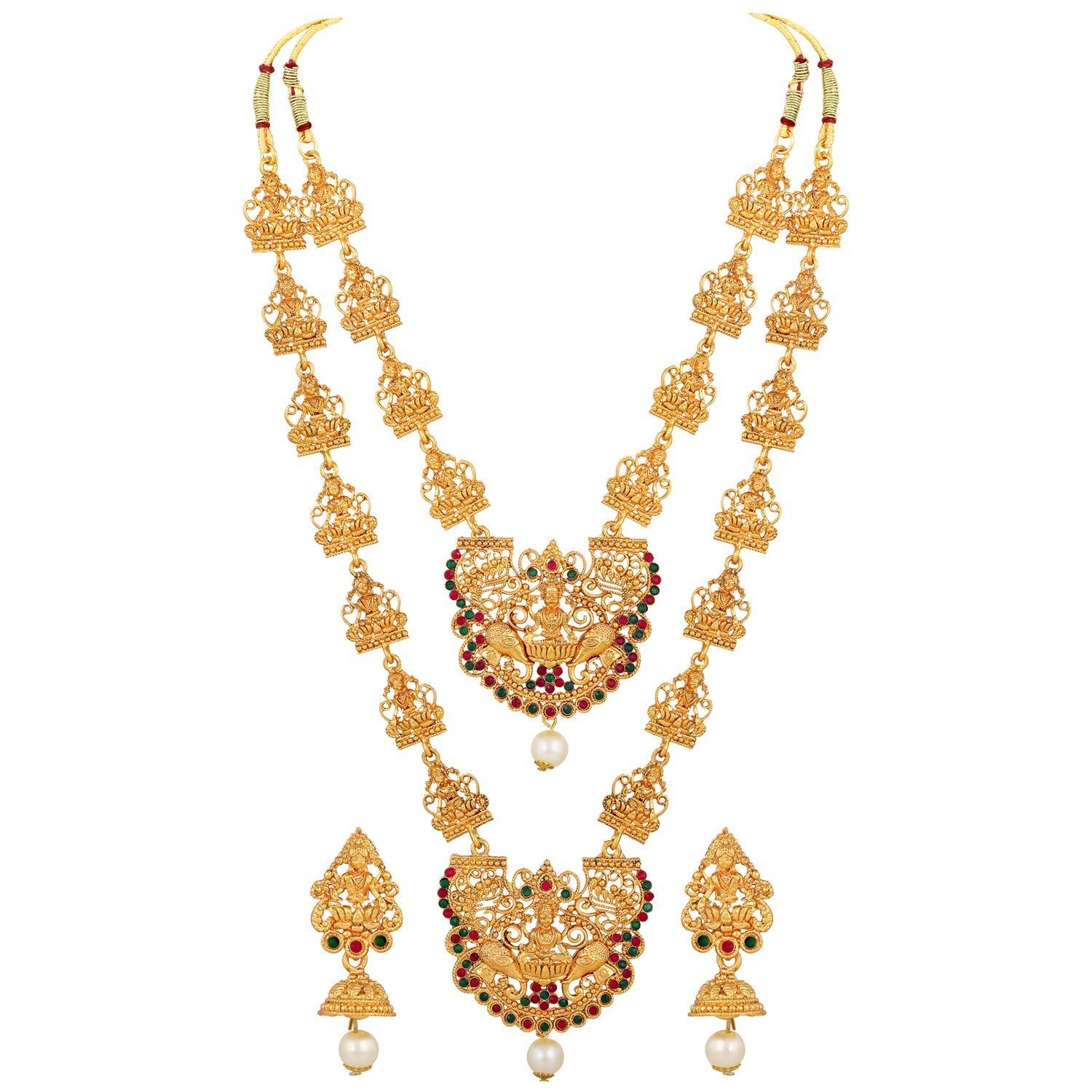 

Fashion 18k Gold Plated Latest Long Short Combo Traditional Temple Necklace Jewellery Set for Women Onesize