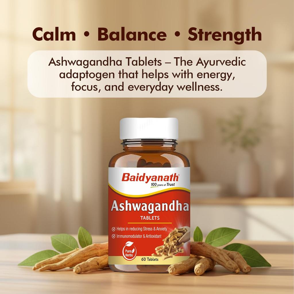 Baidyanath Ayurved Ashwagandha 60 Δισκία για Γενική Ευεξία | Βοηθά στην Απελευθέρωση από το Στρες & το Άγχος (Συσκευασία 1)
