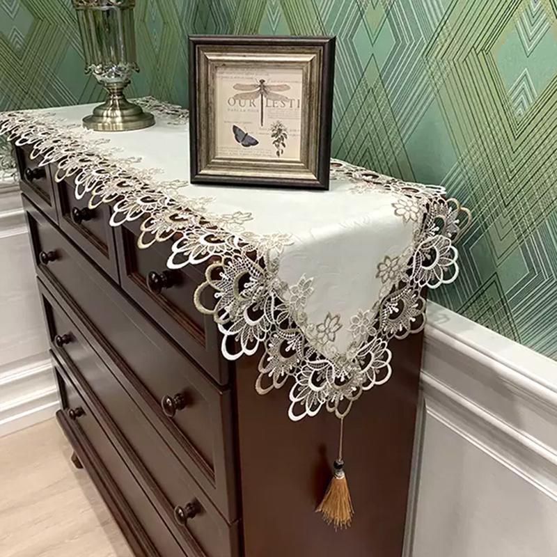 Lace Table Surface Runner Decoration Embroidered TV Dining Table Cloth Cover with Pendant Tassel Dresser Flag Dust Cloth Home Use Decoration