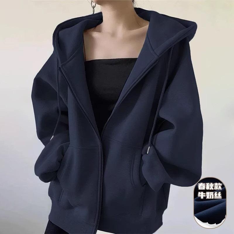 Fleece thickened sweater women, loose lazy wind hooded cardigan jacket in autumn and winter