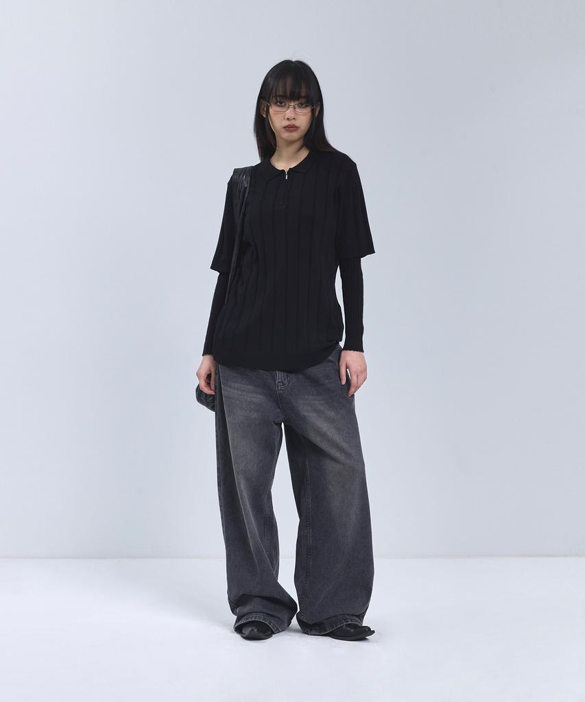 IRONYPORNO WHITELINE 86-Iro356 Micro Cable Half-Zip Collared Short Sleeve Knit Black
