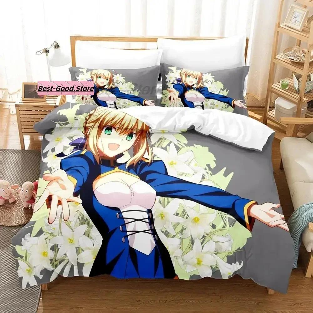 Kawaii Fate Saber Bedding Set Single Twin Full Queen King Size Bed Set Aldult Kid Bedroom Duvetcover Sets 3D Anime Bed Sheet Set
