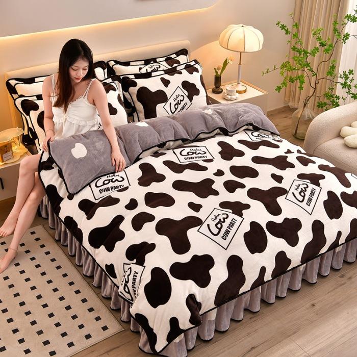 Thickened Milk Fleece Four-Piece Coral Fleece Quilt Cover, Bed Sheet Fleece Double-Sided Fleece Flannel Bedding, Bed Skirt