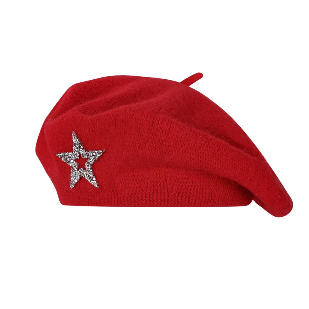 Women S Wool Blend Beret With Rhinestone Star Decor Artist Knitted Hat