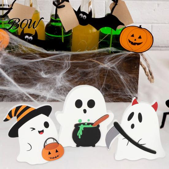 Safe Halloween Tabletop Ornaments 3Pcs Sweet Ghost Decor, Wooden Cute Figurines with Candy Entryway Decorations Pumpkin & Cauldron, Centerpiece