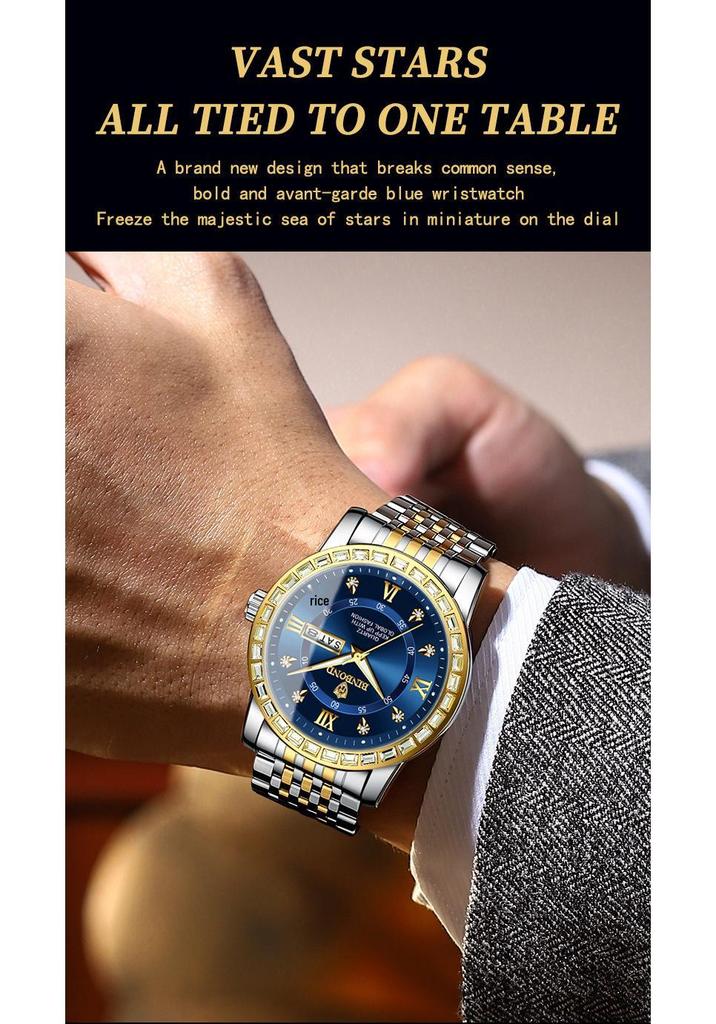 Men's Genuine Diamond-Inlaid Mechanical Watch – Trendy, Waterproof, Double Calendar, Luminous Quartz.