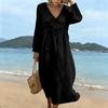 Women's V-Neck Long Sleeve Midi Dress Casual Color Beach Vacation Dress