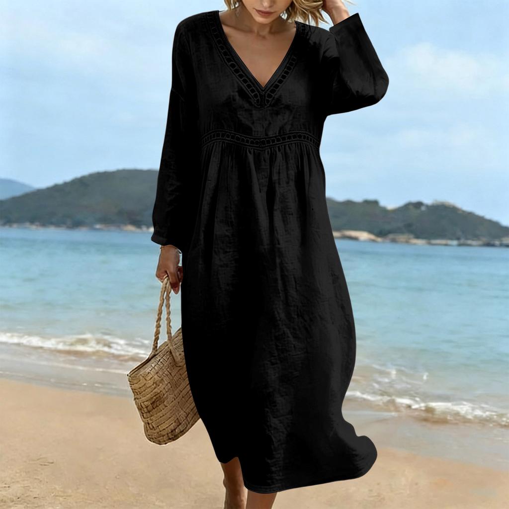 Women's V-Neck Long Sleeve Midi Dress Casual Color Beach Vacation Dress