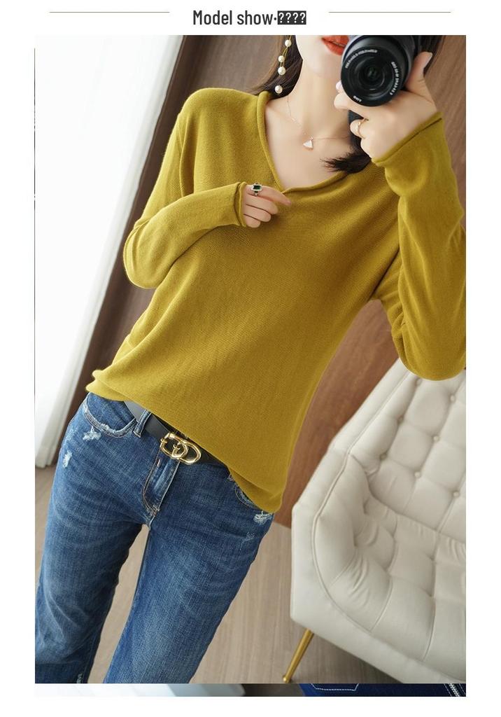 Women's Cotton V-neck Long Sleeve Knit Top - Slimming, Versatile, Solid Color for Spring & Autumn