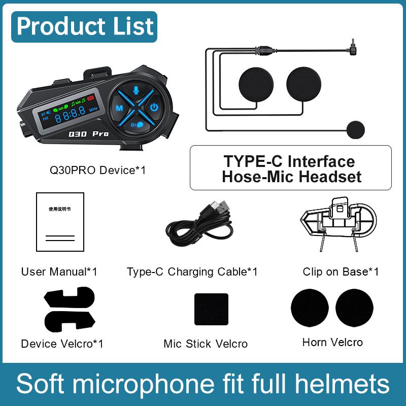 

Q30Pro Motorcycle Helmet Bluetooth Intercom Headset LED Lighting Stereo FM Radio IP56 Waterproof Voice Assistant 500M Interphone