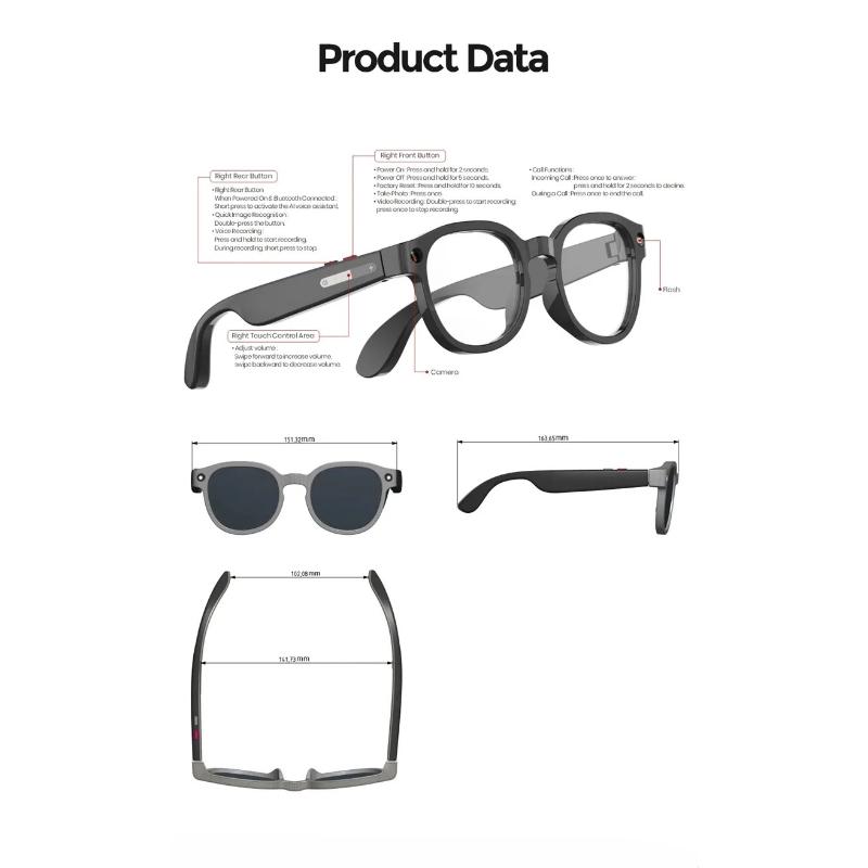 New AI Smart Glasses AI Translation 500W HD Camera 4K Shooting Image Bluetooth Call Recording Wireless Music Multifunctional Smart Sunglasses Unisex