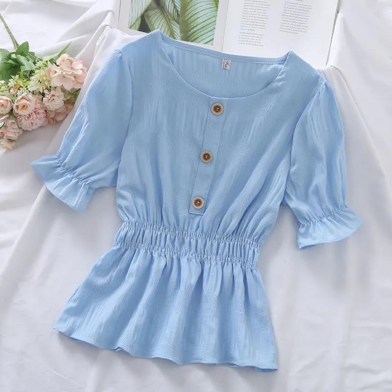 Summer Blouse Tunic Pleated Shirt All-match Solid Color Casual Blouse for Women