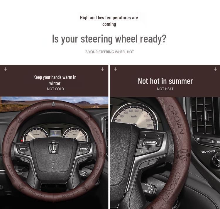 Universal Crown Genuine Leather Steering Wheel Cover - Four Seasons, Breathable, Non-Slip, Perforated Cowhide