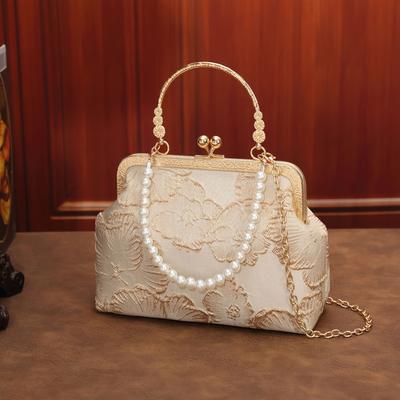 Elegante Damen-Abendtasche, Blumenstickerei, Perlenimitat-Kette, Quaste, Abnehmbarer Riemen, Schnallenverschluss, Polyesterfutter für Damen, Tägliche Wear