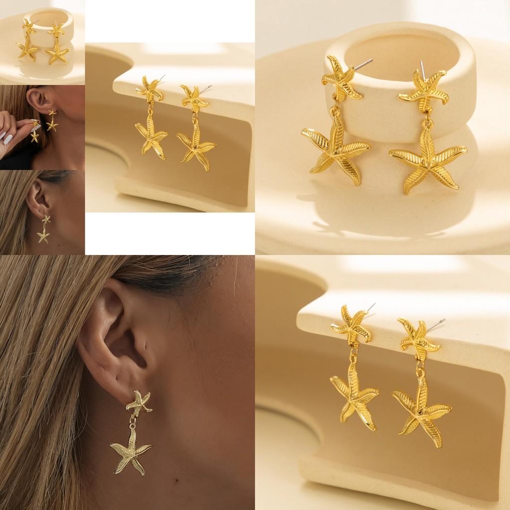 Gold Plated Starfish Earrings Modern Stylish Star Shape Gold Alloy Womens Jewelry