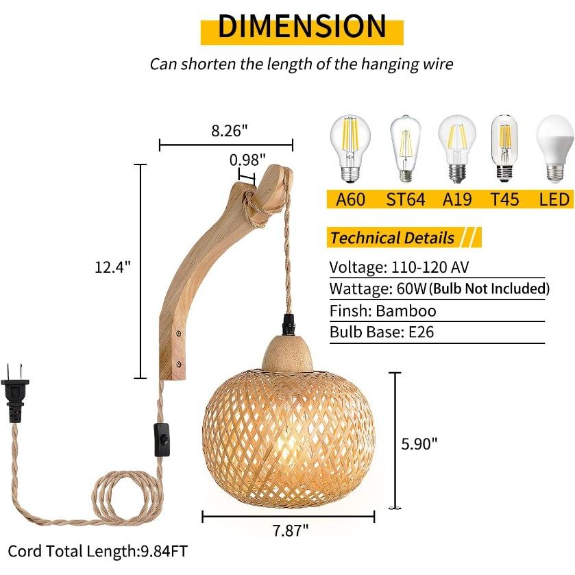 Bamboo Lantern Plug In Wall Sconces Wicker Woven Rattan Wall Light Farmhouse Rustic Wall Sconces for Living Room Bedroom