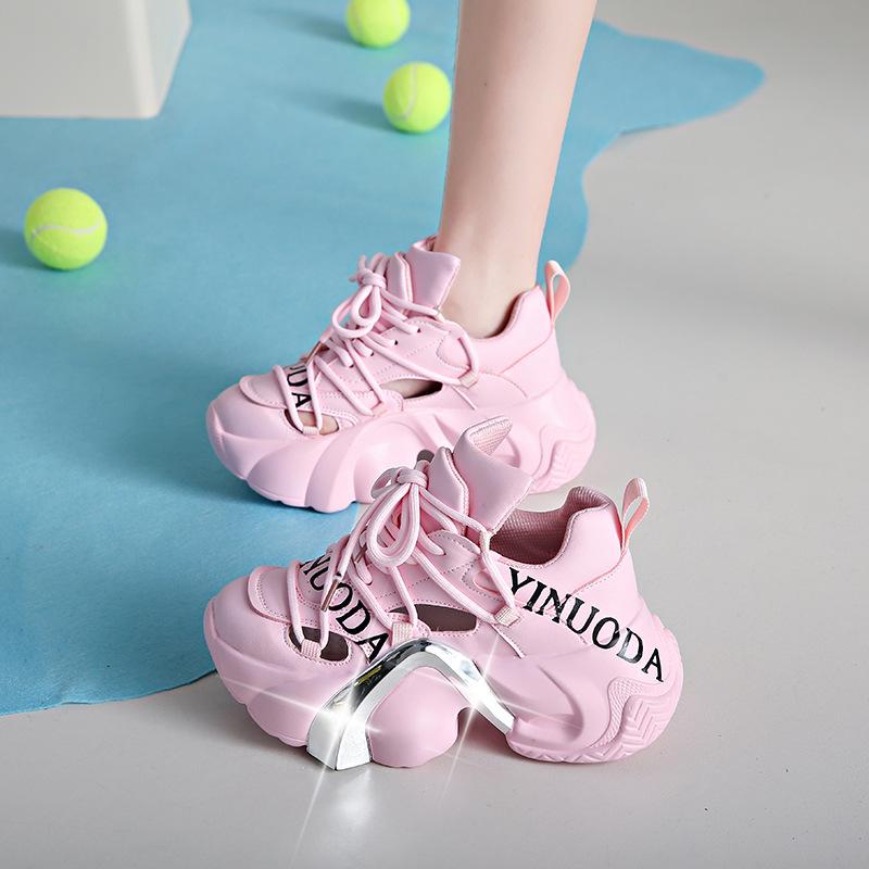 Fashion Summer Shiny Sequins Chunky Platform Sneakers Women Lace Up Breathable Height Increase Shoes Women Fashion Cute Pink Sneaker