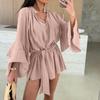 Women's Fashionable Solid Color V-neck Irregular Lace Long Sleeved Loose Top