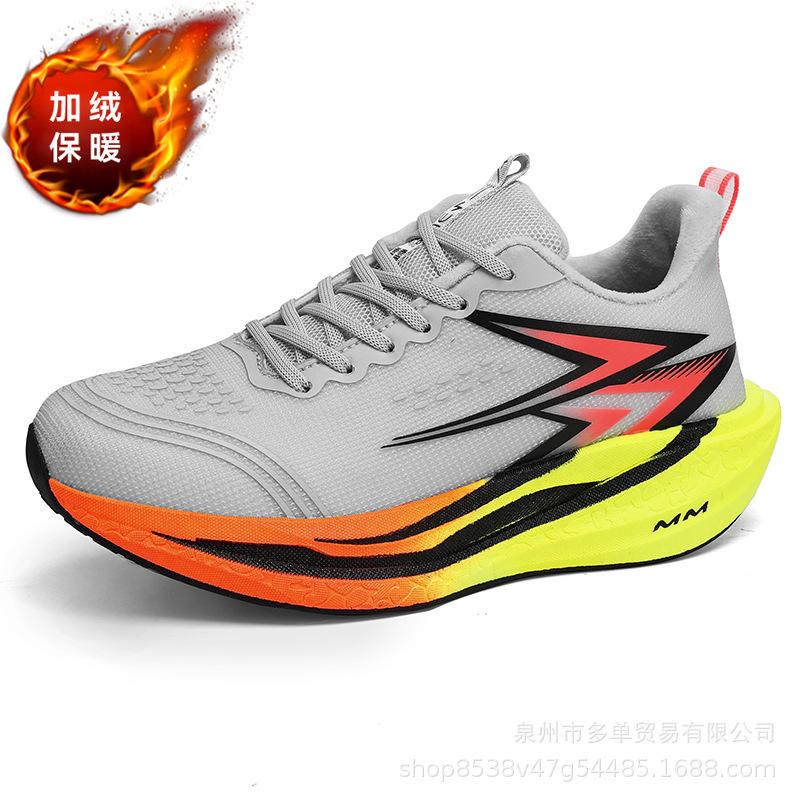 Chaussures de sport de course à pied basses épaissies, coupe-vent et chaudes, en polaire volante brûlante, chaussures de course de marathon avec plaque en carbone