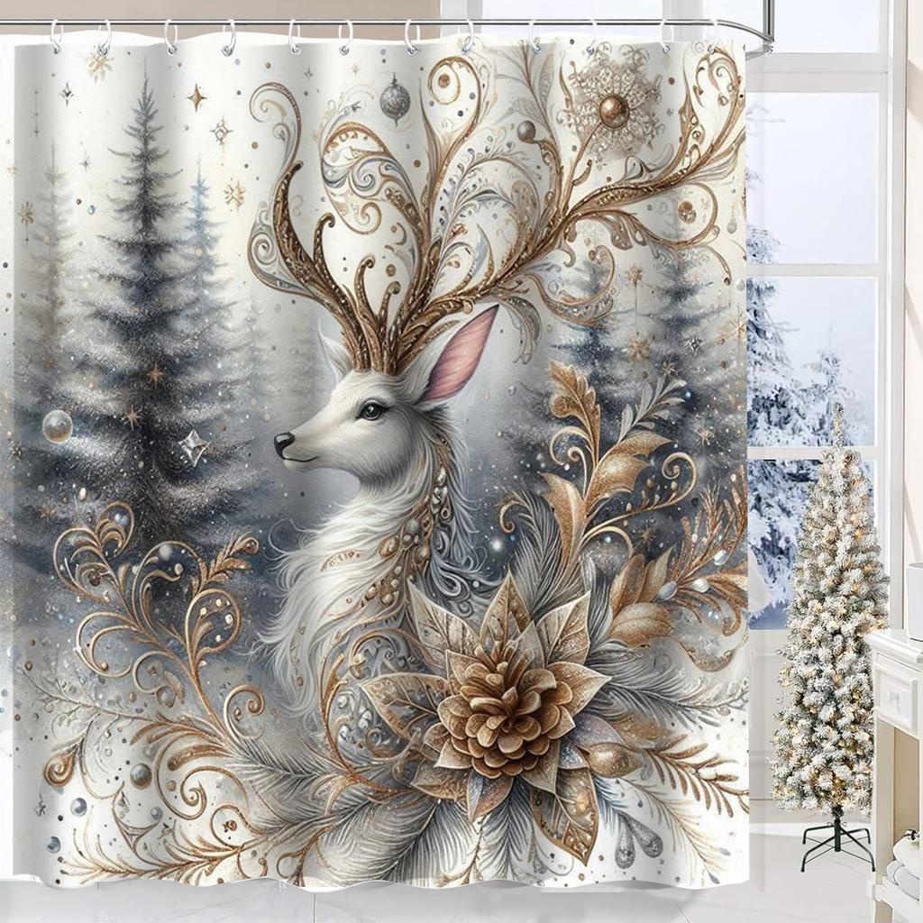 Christmas Tree Reindeer Bathing Curtain  Bathroom Shower Curtain Waterproof With 12 Hooks Fishes Home Deco Free Ship