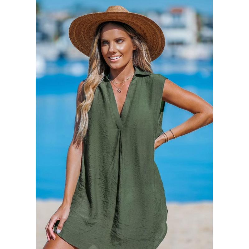 2025 Women's V-Neck Solid Color Beach Sun Protection Dress
