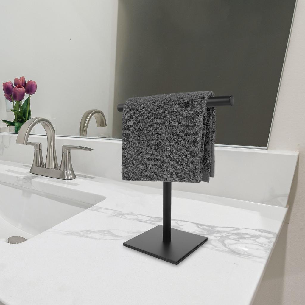 Countertop Towel Holder Stand Stainless Steel T-Shaped Bathroom Hand Towel Rack Stable Free Standing Metal Organizer No Drilling