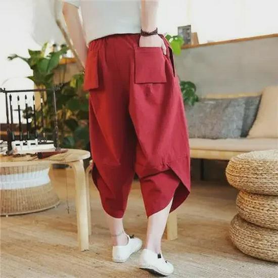 Erkek Bol Kesim Tay Stili Geniş Paça Keten-Pamuk 7/8 Boy Plaj Harem Pantolonu