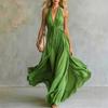 Women Sexy Solid Color Deep V Neck Sleeveless Halter Waist Cinched Maxi Dress