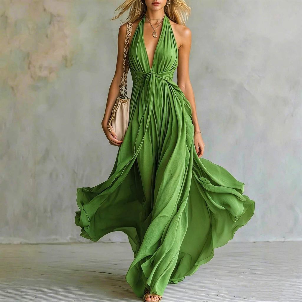 Women Sexy Solid Color Deep V Neck Sleeveless Halter Waist Cinched Maxi Dress
